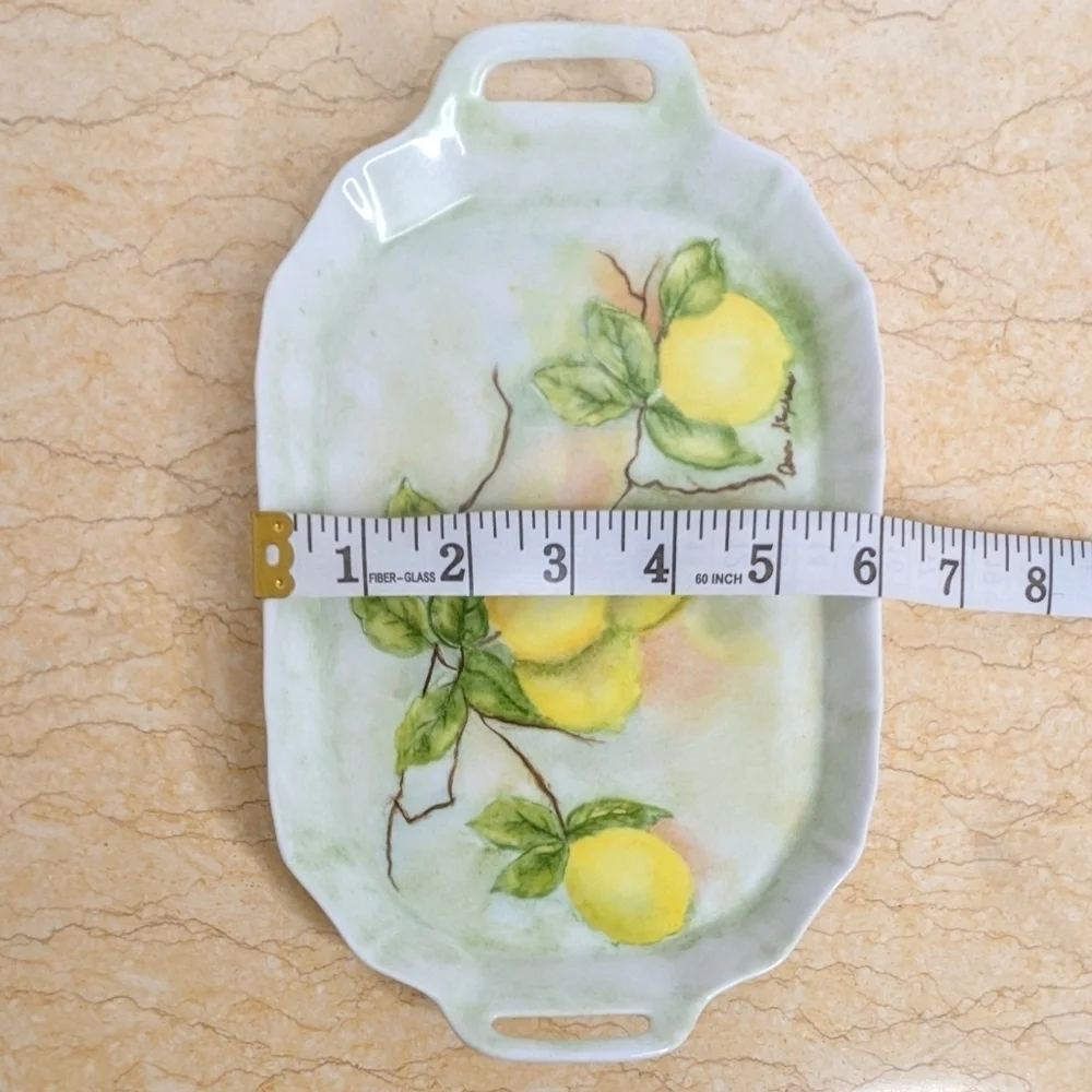 Vintage Hand Painted Small Lemon White Signed Porcelain Handled Trinket Tray